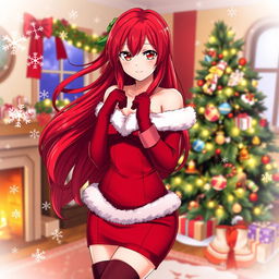 A beautiful woman resembling Erza Scarlet from the anime Fairy Tail, wearing a stunning Christmas outfit