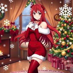 A beautiful woman resembling Erza Scarlet from the anime Fairy Tail, wearing a stunning Christmas outfit