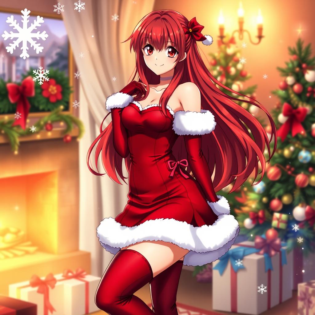 A beautiful woman resembling Erza Scarlet from the anime Fairy Tail, wearing a stunning Christmas outfit