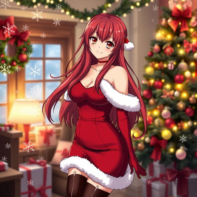 A beautiful woman resembling Erza Scarlet from the anime Fairy Tail, wearing a stunning Christmas outfit