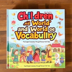 A beautifully illustrated children's book cover titled 'Children and the World of Vocabulary', focusing on teaching English vocabulary through Persian folk tales