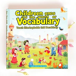 A beautifully illustrated children's book cover titled 'Children and the World of Vocabulary', focusing on teaching English vocabulary through Persian folk tales