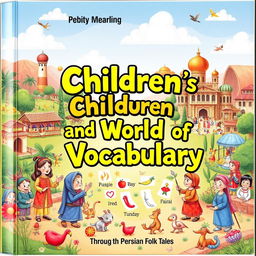 A beautifully illustrated children's book cover titled 'Children and the World of Vocabulary', focusing on teaching English vocabulary through Persian folk tales