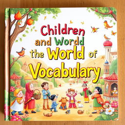 A beautifully illustrated children's book cover titled 'Children and the World of Vocabulary', focusing on teaching English vocabulary through Persian folk tales