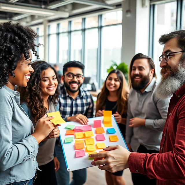 A group of diverse individuals with ADHD engaging in a lively brainstorming session in a modern office space