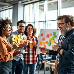 A group of diverse individuals with ADHD engaging in a lively brainstorming session in a modern office space