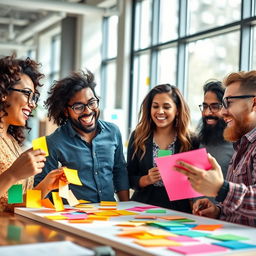 A group of diverse individuals with ADHD engaging in a lively brainstorming session in a modern office space