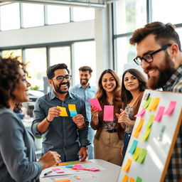 A group of diverse individuals with ADHD engaging in a lively brainstorming session in a modern office space
