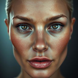 A highly detailed and realistic portrait of a human face, featuring intricate textures of skin, lifelike eyes with reflections and depth, a well-defined nose, and full lips