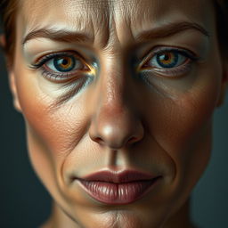 A highly detailed and realistic portrait of a human face, featuring intricate textures of skin, lifelike eyes with reflections and depth, a well-defined nose, and full lips