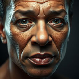 A highly detailed and realistic portrait of a human face, featuring intricate textures of skin, lifelike eyes with reflections and depth, a well-defined nose, and full lips