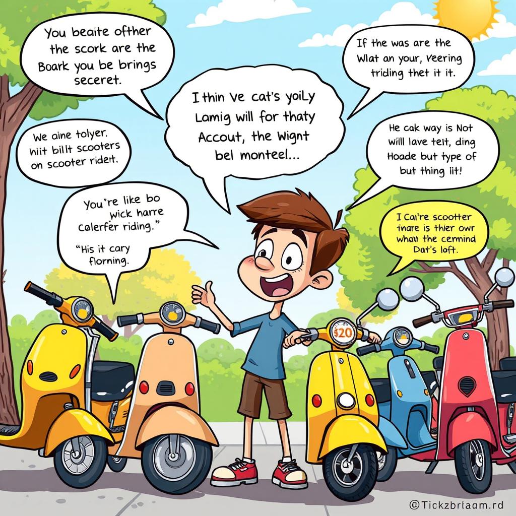 A whimsical, illustrated scene depicting a cartoonish boy passionately debating about scooters with an exaggerated expression of enthusiasm