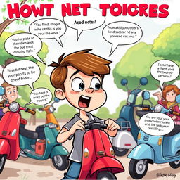 A whimsical, illustrated scene depicting a cartoonish boy passionately debating about scooters with an exaggerated expression of enthusiasm