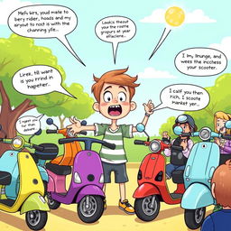 A whimsical, illustrated scene depicting a cartoonish boy passionately debating about scooters with an exaggerated expression of enthusiasm