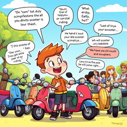 A whimsical, illustrated scene depicting a cartoonish boy passionately debating about scooters with an exaggerated expression of enthusiasm