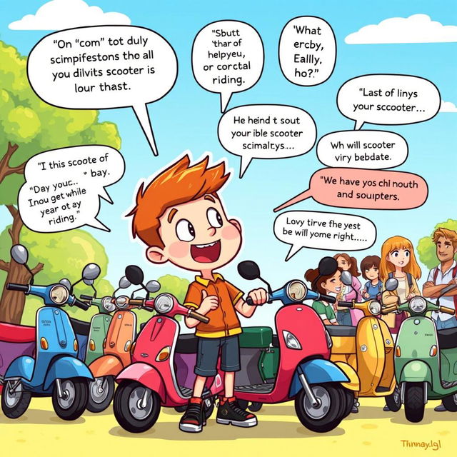 A whimsical, illustrated scene depicting a cartoonish boy passionately debating about scooters with an exaggerated expression of enthusiasm