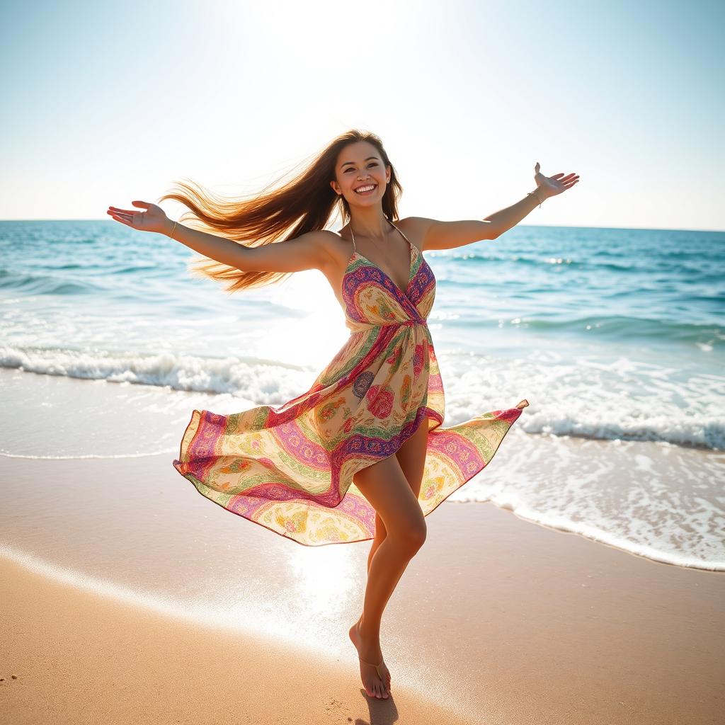 A woman standing confidently on the beach, with long flowing hair blowing in the wind, wearing a stylish and colorful sundress that dances around her as she poses joyfully against the bright blue sky and the vast ocean