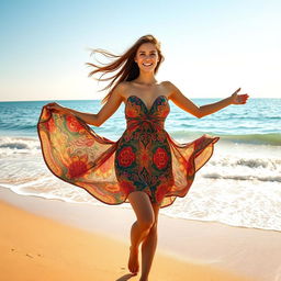 A woman standing confidently on the beach, with long flowing hair blowing in the wind, wearing a stylish and colorful sundress that dances around her as she poses joyfully against the bright blue sky and the vast ocean