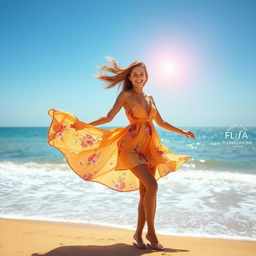 A woman standing confidently on the beach, with long flowing hair blowing in the wind, wearing a stylish and colorful sundress that dances around her as she poses joyfully against the bright blue sky and the vast ocean