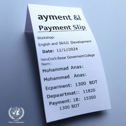 A realistic and detailed photo of a payment slip for a workshop registration