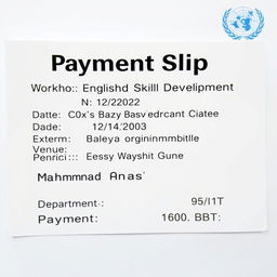 A realistic and detailed photo of a payment slip for a workshop registration