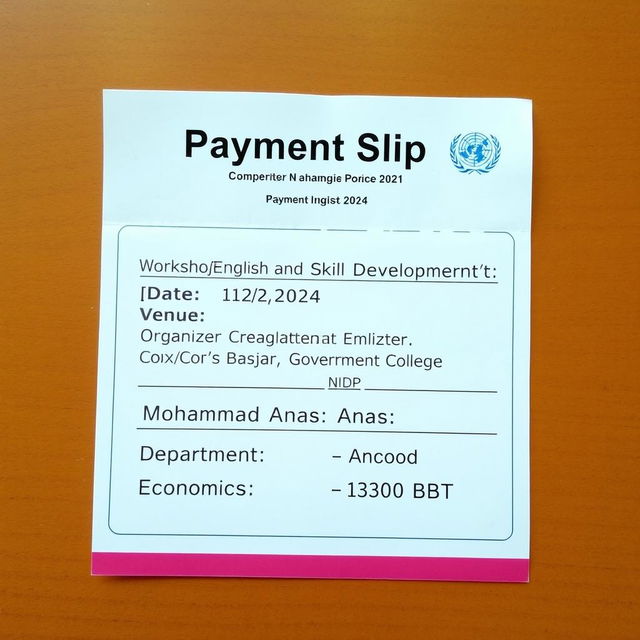 A realistic and detailed photo of a payment slip for a workshop registration