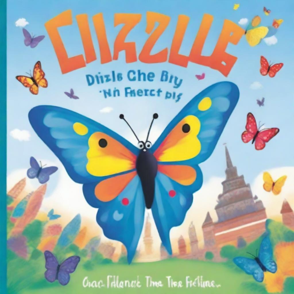 A high-quality illustration cover features Dizzle, a vibrant butterfly, flying in the sky with various world landmarks in the background