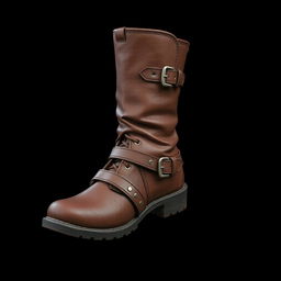 A realistic leather boot designed in the style of an item from Dota 2, showcasing intricate details like stitching, buckles, and worn textures