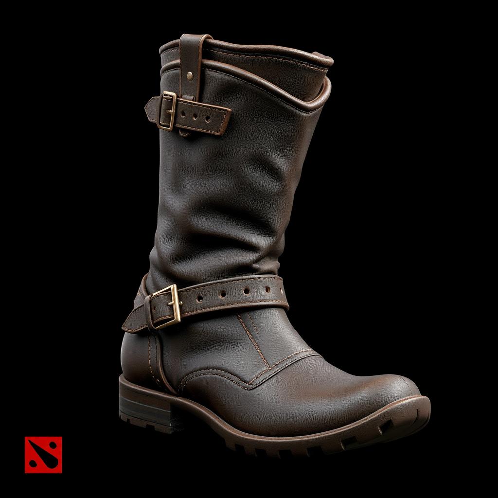 A realistic leather boot designed in the style of an item from Dota 2, showcasing intricate details like stitching, buckles, and worn textures