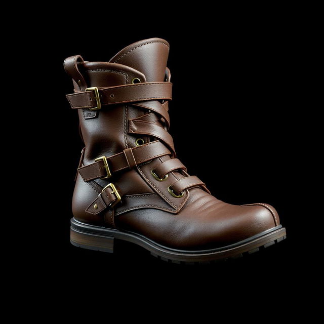 A realistic leather boot designed in the style of an item from Dota 2, showcasing intricate details like stitching, buckles, and worn textures