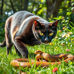 A large domestic cat, with striking green eyes and a shiny black coat, fiercely pounces on a snake in a grassy jungle setting