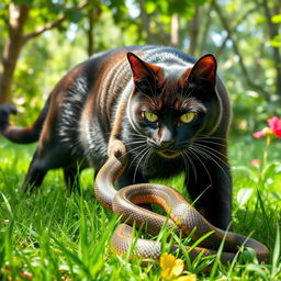 A large domestic cat, with striking green eyes and a shiny black coat, fiercely pounces on a snake in a grassy jungle setting