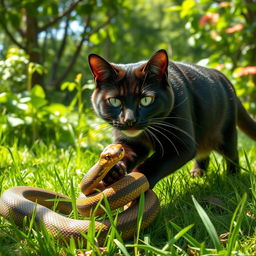 A large domestic cat, with striking green eyes and a shiny black coat, fiercely pounces on a snake in a grassy jungle setting