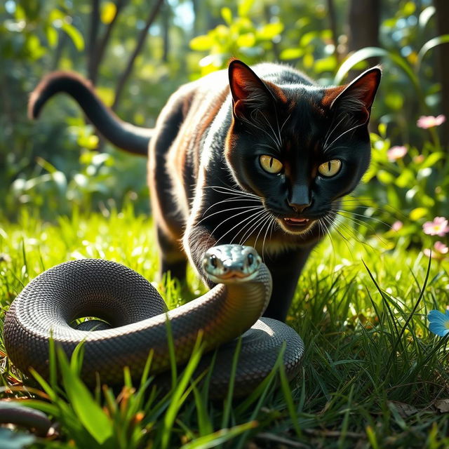 A large domestic cat, with striking green eyes and a shiny black coat, fiercely pounces on a snake in a grassy jungle setting