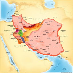 A detailed, highlighted map of Iran showcasing its geographical features, borders, and major cities