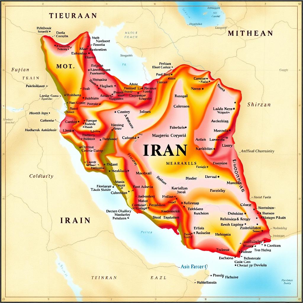 A detailed, highlighted map of Iran showcasing its geographical features, borders, and major cities