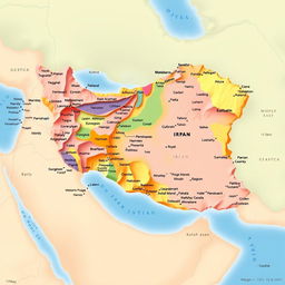 A detailed, highlighted map of Iran showcasing its geographical features, borders, and major cities