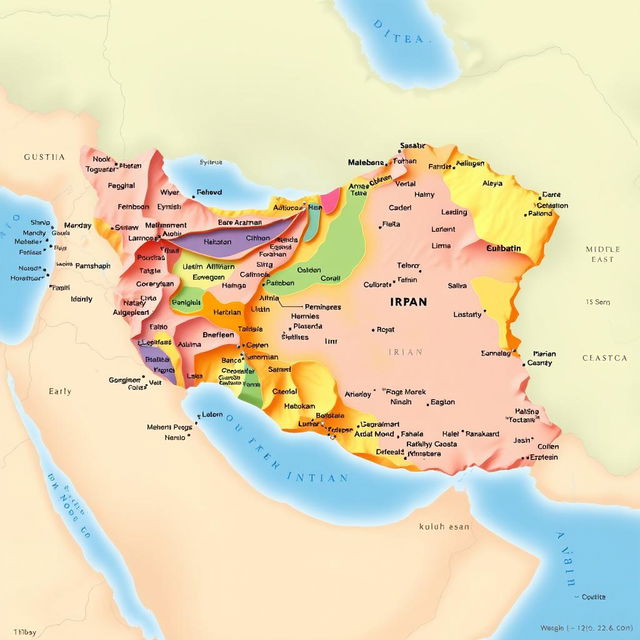 A detailed, highlighted map of Iran showcasing its geographical features, borders, and major cities