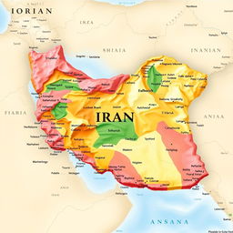 A detailed, highlighted map of Iran showcasing its geographical features, borders, and major cities