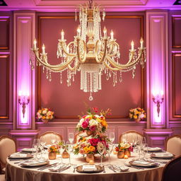 An elegant table setting, featuring a beautifully designed main table with a centerpiece at the top displaying an exquisite chandelier