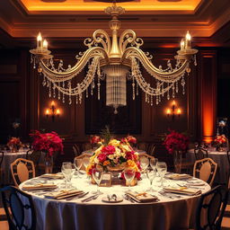 An elegant table setting, featuring a beautifully designed main table with a centerpiece at the top displaying an exquisite chandelier