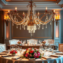 An elegant table setting, featuring a beautifully designed main table with a centerpiece at the top displaying an exquisite chandelier