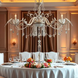 An elegant table setting, featuring a beautifully designed main table with a centerpiece at the top displaying an exquisite chandelier