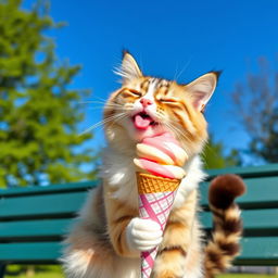 A cute, fluffy cat happily licking a colorful scoop of ice cream from a vibrant cone, sitting on a sunny park bench