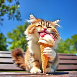 A cute, fluffy cat happily licking a colorful scoop of ice cream from a vibrant cone, sitting on a sunny park bench