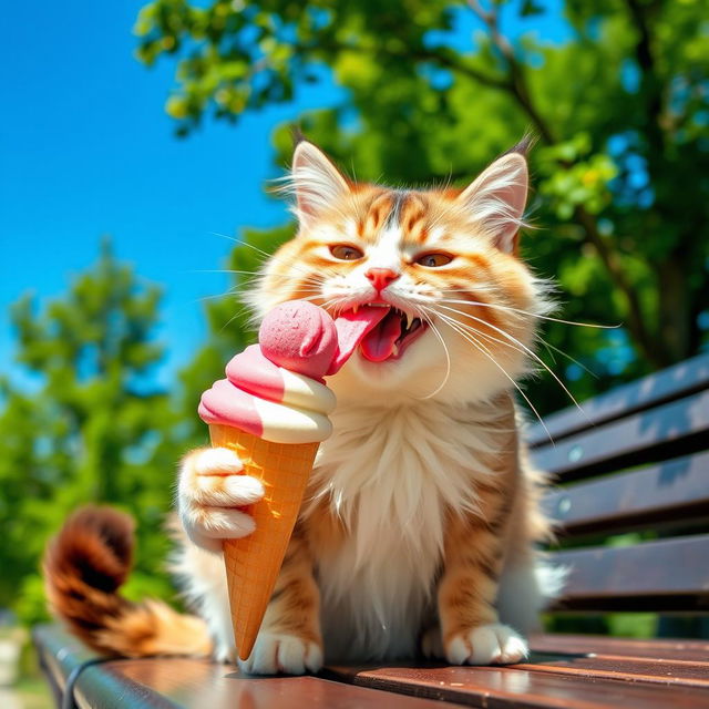 A cute, fluffy cat happily licking a colorful scoop of ice cream from a vibrant cone, sitting on a sunny park bench