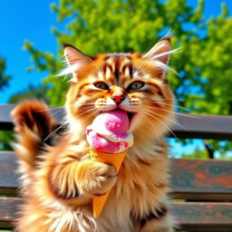 A cute, fluffy cat happily licking a colorful scoop of ice cream from a vibrant cone, sitting on a sunny park bench