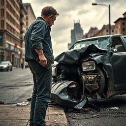 A man holding a wallet, standing on the side of the road looking at a car that has been involved in a severe accident
