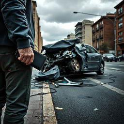 A man holding a wallet, standing on the side of the road looking at a car that has been involved in a severe accident