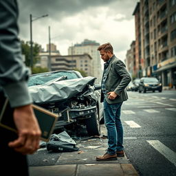 A man holding a wallet, standing on the side of the road looking at a car that has been involved in a severe accident